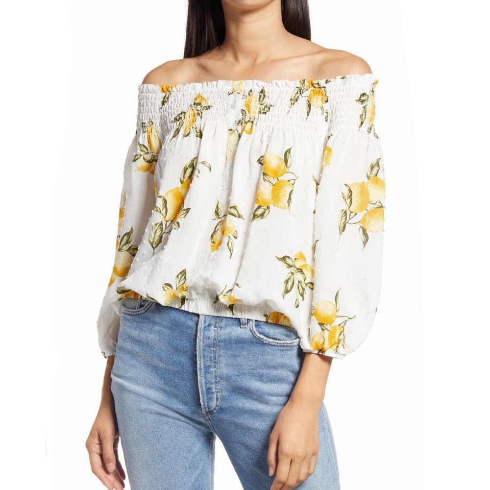 Socialite Lemon Print Swiss Dot Peasant Blouse Smocked Off The Shoulder Size XS